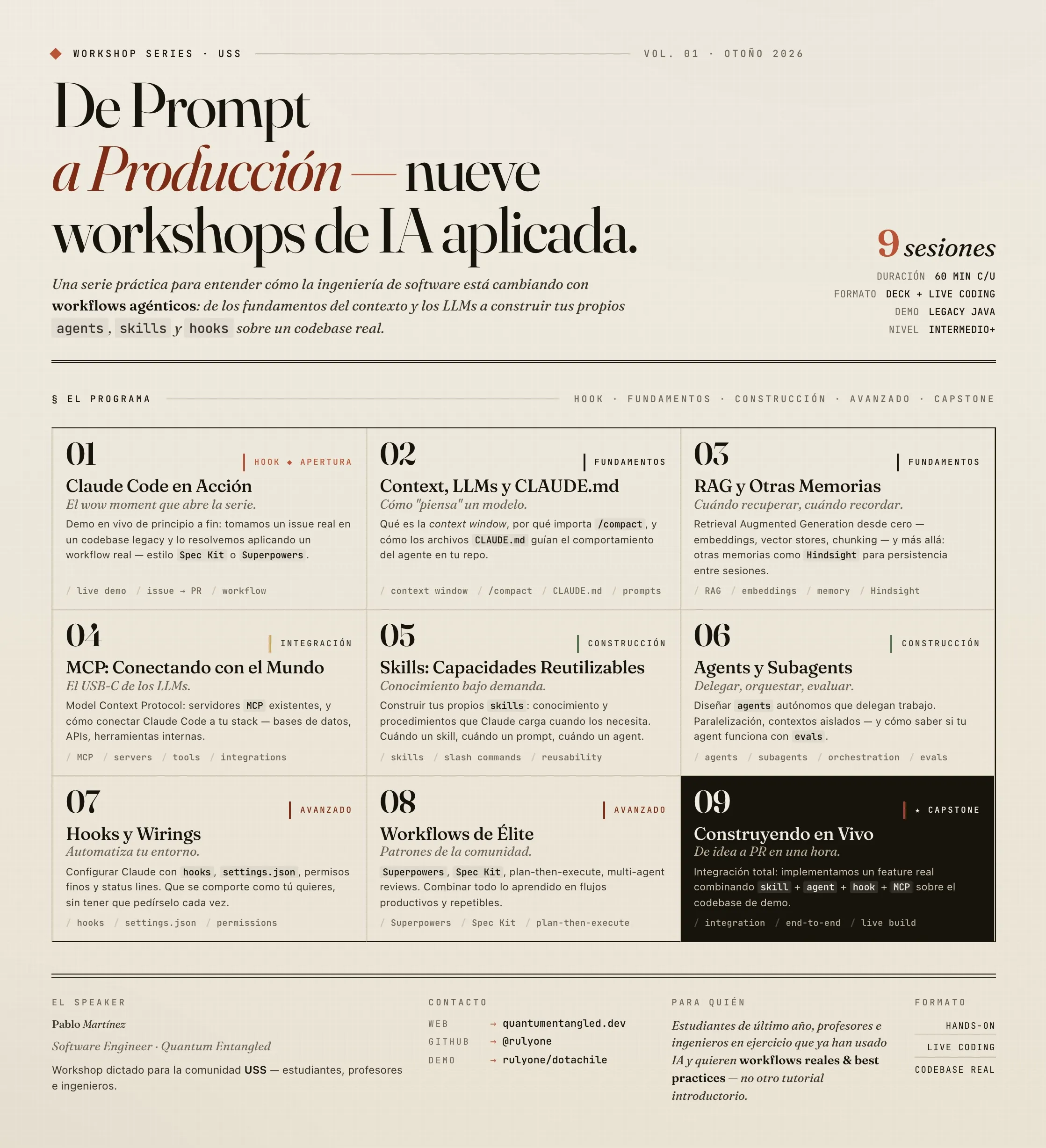 Workshop series infographic — nine sessions on agentic engineering, USS Otoño 2026
